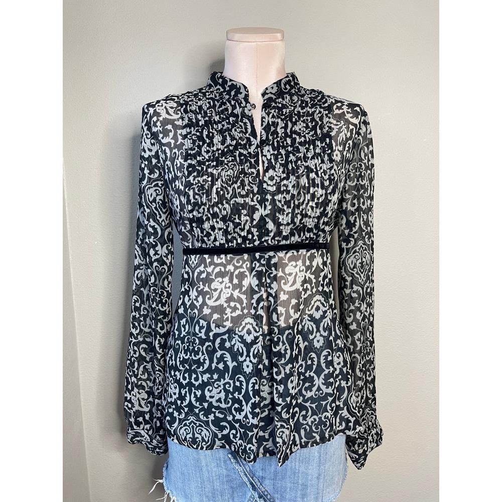 Apt. 9 Blouse Black White Damask Pleated Tie Back Babydoll Vintage Y2K Medium